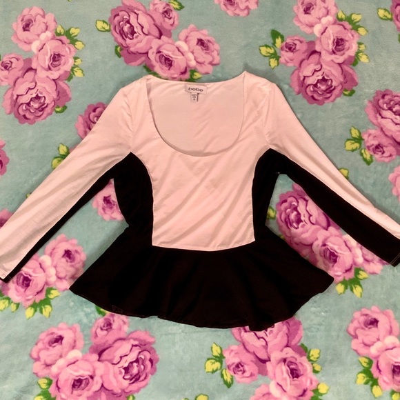 bebe Tops - Bebe Sporty Black & White Long Sleeve Peplum Top